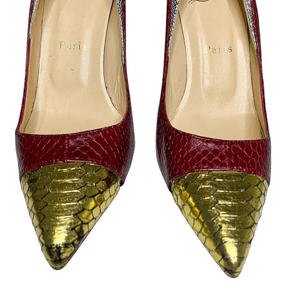 Christian Louboutin Snakeskin Embossed Cutout Pump EU 37.5 US 7.5 Red High Heels - Picture 3 of 12